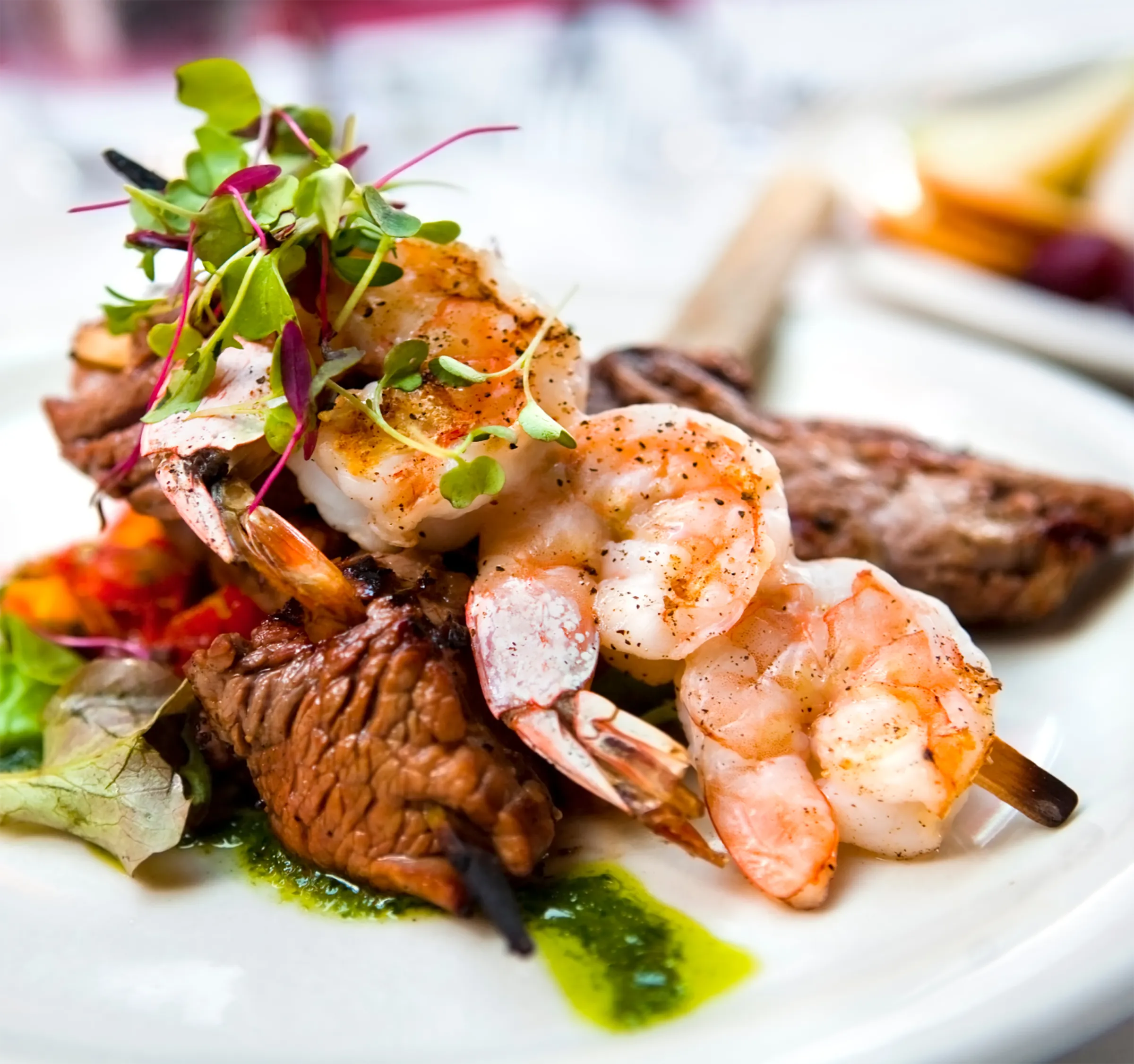 An artfully plated dish of steak and shrimp with microgreens.