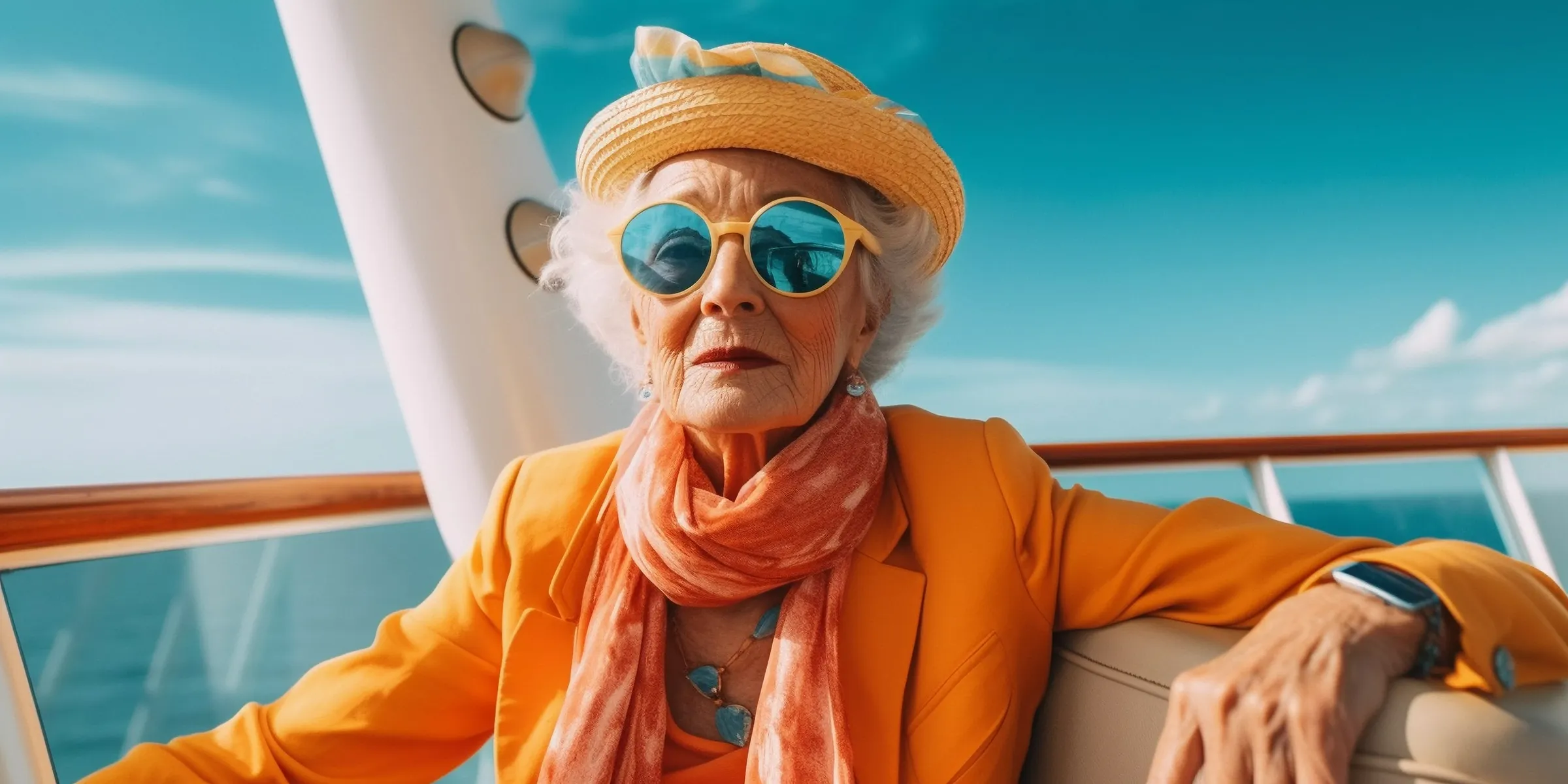 elderly woman in a boat dressed in orange with sunglasses and a hat
