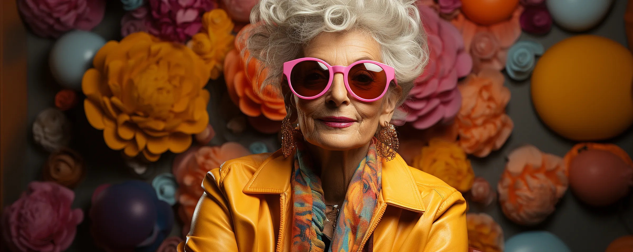 vibrant senior woman in pink sunglasses 