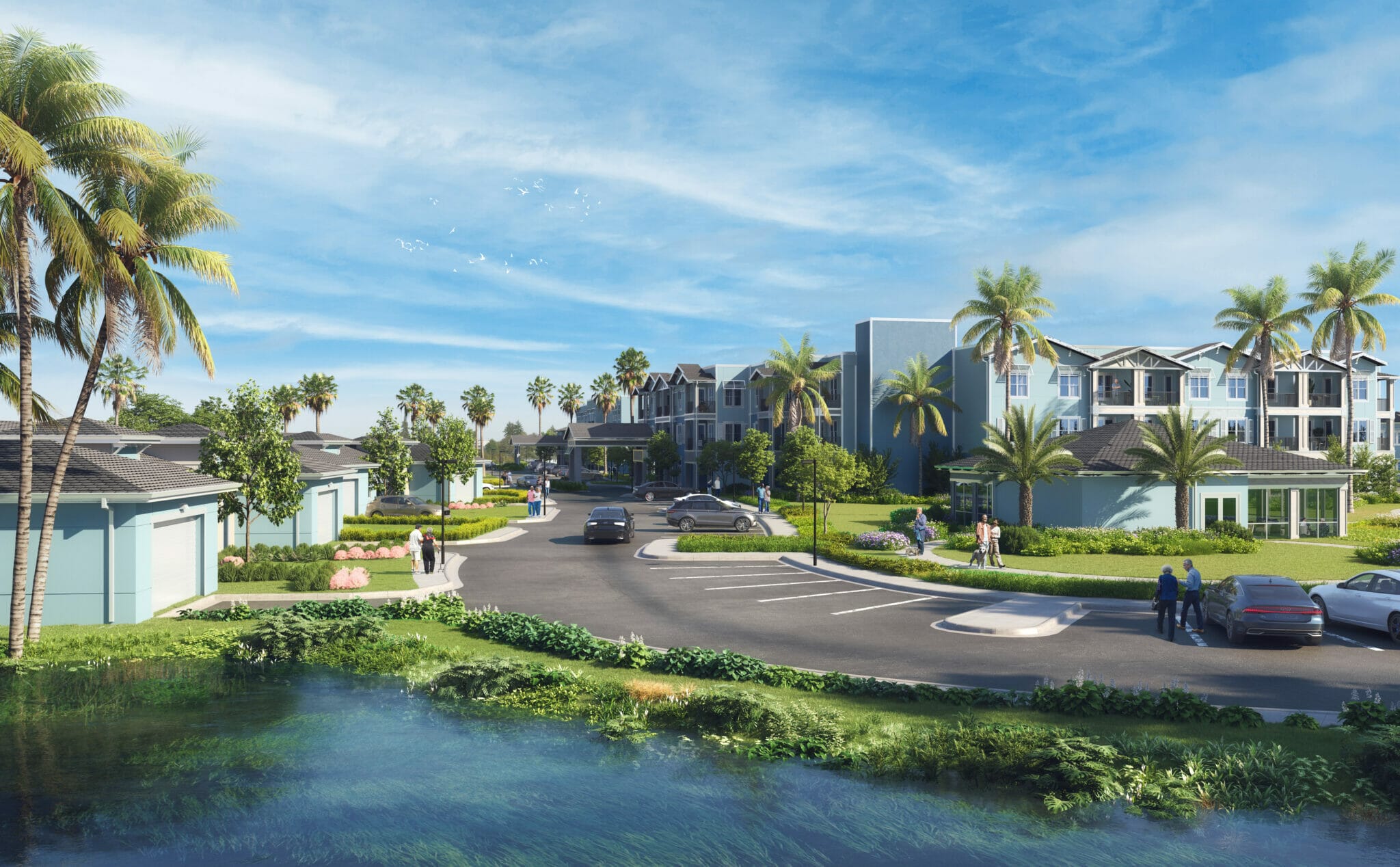 exterior rendering of florida senior living community with palm trees and water