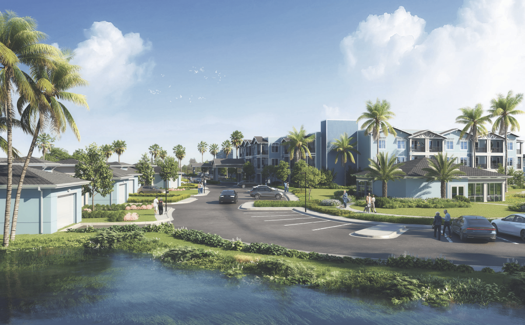 exterior rendering of florida senior living community with palm trees and lake